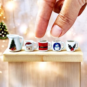 Handcrafted Dollhouse Miniature Christmas Mug Set – Santa, Snowman, Christmas Tree Designs 1:12 Scale, dollhouse decorating, g ifted