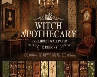 Printable Dollhouse Wallpaper : Victorian Gothic Witchy Apothecary Wall Decor (Digital Download)