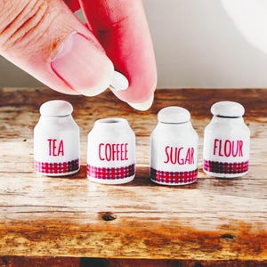 Miniature Kitchen Canisters Set, Dollhouse Coffee Tea Sugar Flour Jars, 1:12 Scale Ceramic Storage, Tiny Kitchen Decor, Handmade Mini