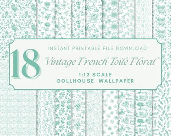 Vintage Frans toile-poppenhuisbehang afdrukbaar - groen miniatuurmuurdecor (digitale download)