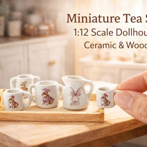 Miniature Dollhouse Tea Set with Ceramic Mugs Jug and Wooden Tray 1:12 Scale