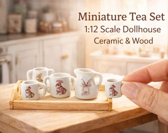 Miniature Dollhouse Tea Set with Ceramic Mugs Jug and Wooden Tray 1:12 Scale
