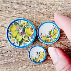 Decorative Miniature Lemon Ceramic Plates | 1:12 Scale Ceramic Dish Set in 3 Sizes | Dollhouse Kitchen Decorating