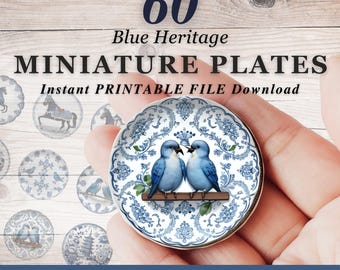 Blue Heritage miniatuurplaten afdrukbaar: 60 unieke poppenhuisminiaturen digitale download