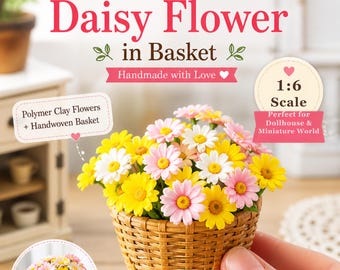 Miniatuur madeliefjesbloemenmand: poppenhuisplanten sprookjestuinaccessoires
