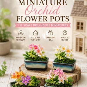 Handmade Miniature Orchid Flower Pot : Dollhouse Fairy Garden Botanical Decor (Set of 2)