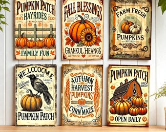 Juego de láminas decorativas en miniatura para pared: Letreros rústicos de otoño con calabazas para la decoración de casas de muñecas (4 x 6 cm)