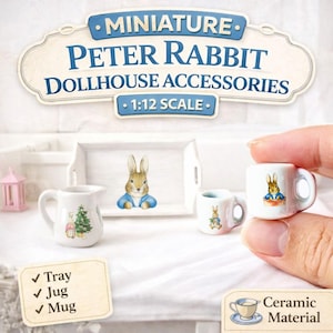Miniature Ceramic Bunny Mugs Set : Easter Rabbit Dollhouse Kitchen Decorating