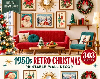 1950s Retro Christmas Wall Art Printable BUNDLE : Dollhouse Wall Decor (Digital Download)