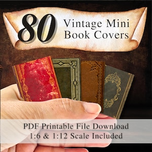 Op de afbeelding: Afbeelding van vier miniatuur vintage boekomslagen in rood, groen, bruin en grijs. De afbeelding bevat de tekst "80 Vintage Mini Book Covers" en "PDF Printable File Download 1:6 & 1:12 Scale Included."