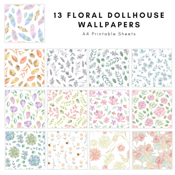 Unique Vintage Wallpaper Floral Patterns wall art A4 Printable Sheets Instant Download PDF File Print and put in your dollhouse wall decor