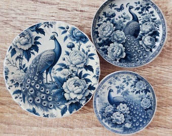 Vintage Peacock Miniature Ceramic Plates : Dollhouse Accessories Kitchen Decor