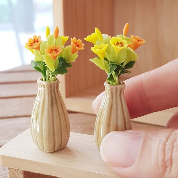 10x Morning Glories Clay Flower in Ceramic Vase Pot Dollhouse Miniature Handmade