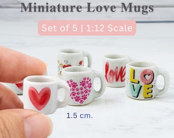 Miniature Love Ceramic Mugs : Dollhouse Kitchen Decor Valentine Gifts (Set of 5 )
