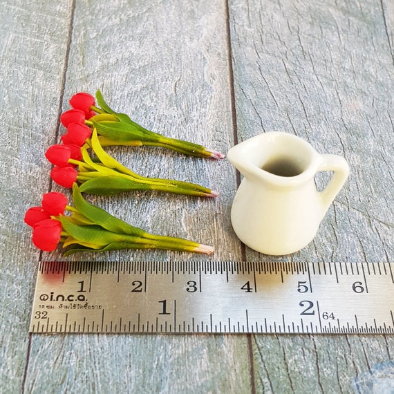 3x Yellow Red Tulip Clay Flower in Ceramic Pitcher Dollhouse Miniature Garden
