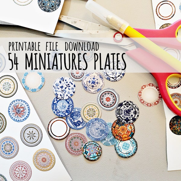 54 Style Dollhouse Miniatures Vintage Dishes ,Plates ,Digital File ,Digital Prints ,Printable ,DIGITAL DOWNLOAD ,Set Decorative Plates, DIY