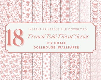 May include: 18 printable French Toile Floral Series dollhouse wallpaper designs in a pink and white color scheme. Instant printable file download. 1:12 scale.