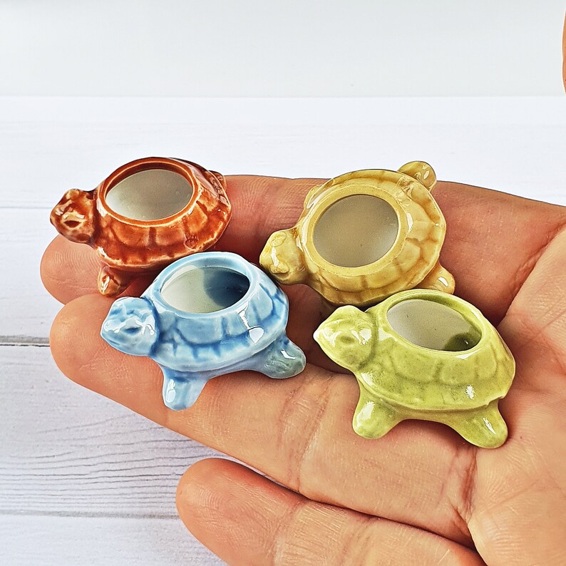 Set 4x Handmade Miniatures Ceramic Turtle Pot , Flowers Pot ,Plants Pot , Tiny House ,Fairy Garden Decoration Gardening Gifts ideas 