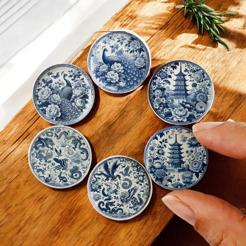 Set of 6 Miniature Blue Delft Plates – Chinoiserie Ceramic for Dollhouse & Collectors