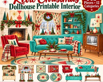 Printable Dollhouse Furniture Accessories : Retro Christmas Miniature Room Interior Decor (Digital Download)