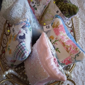 Beautiful One of A Kind Pincushions Handmade Repurposed Vintage Fabric Feed Sack Vintage Embroidered Linens Lace Hand Beading Shabby Chic