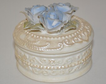 Ceramic Trinket/Jewelry Dish With Blue Flowers