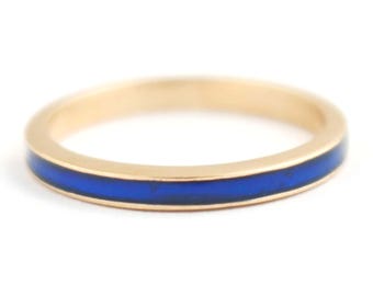Anillo apilable de oro rosa de 14 k: banda de esmalte azul, joyería de boda unisex