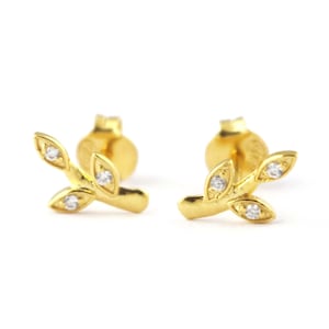 14k Solid Rose Gold Handmade Leaf Studs Earring, Dainty Post Earrings for Women, Diamond Jewelry Birthday Gift For Her
