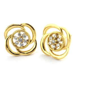 14k Solid Yellow Gold Diamond Studs- Flower Real Diamond Earrings- Rose Gold Earrings For Women- 1st Anniversary Gift- Birthday Gift