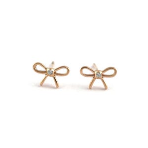 Bow Stud Earrings- 14k Solid Gold Dainty Bow Earrings For Girlfriend- Real Diamond with 18k Solid Yellow Gold Earrings Gift For Girlfriend