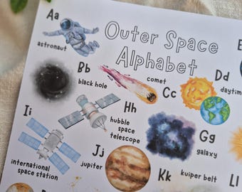 May include: A vibrant "Outer Space Alphabet" print with watercolour illustrations of space objects, including planets, a black hole, and a rocket. The print features letters A to R, with words such as "astronaut" and "galaxy".