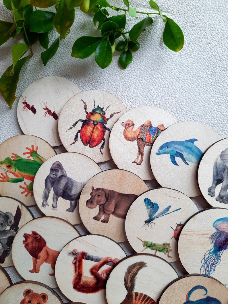 May include: A set of 16 wooden circle game pieces featuring various animal and insect illustrations. The pieces include a camel, a hippopotamus, a dragonfly, a gorilla, a frog, a beetle, a jellyfish, an octopus, a lion, a monkey, a squirrel, a dolphin, an ant, and a few other animals.