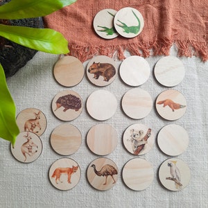 Jogo de memória de madeira, animais australianos, jogo de memória, pedras de história, recursos educacionais, recursos de aprendizagem, brinquedos Montessori para crianças