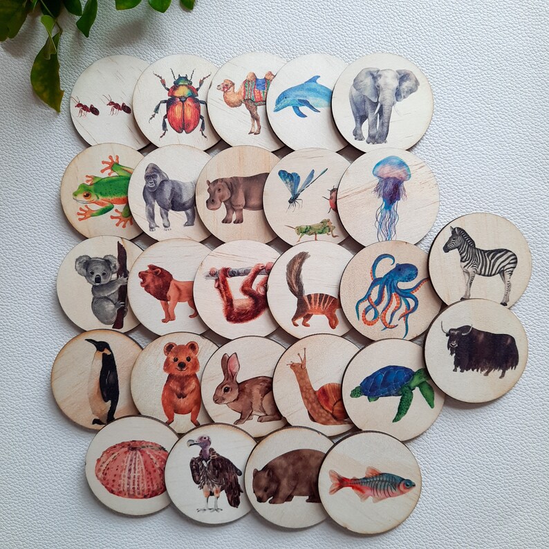 May include: A set of 20 wooden circle puzzle pieces featuring various animal and insect illustrations. The pieces are painted in bright colours and feature a variety of animals, including a camel, a penguin, a koala, a butterfly, a ladybug, a jellyfish, and an octopus.