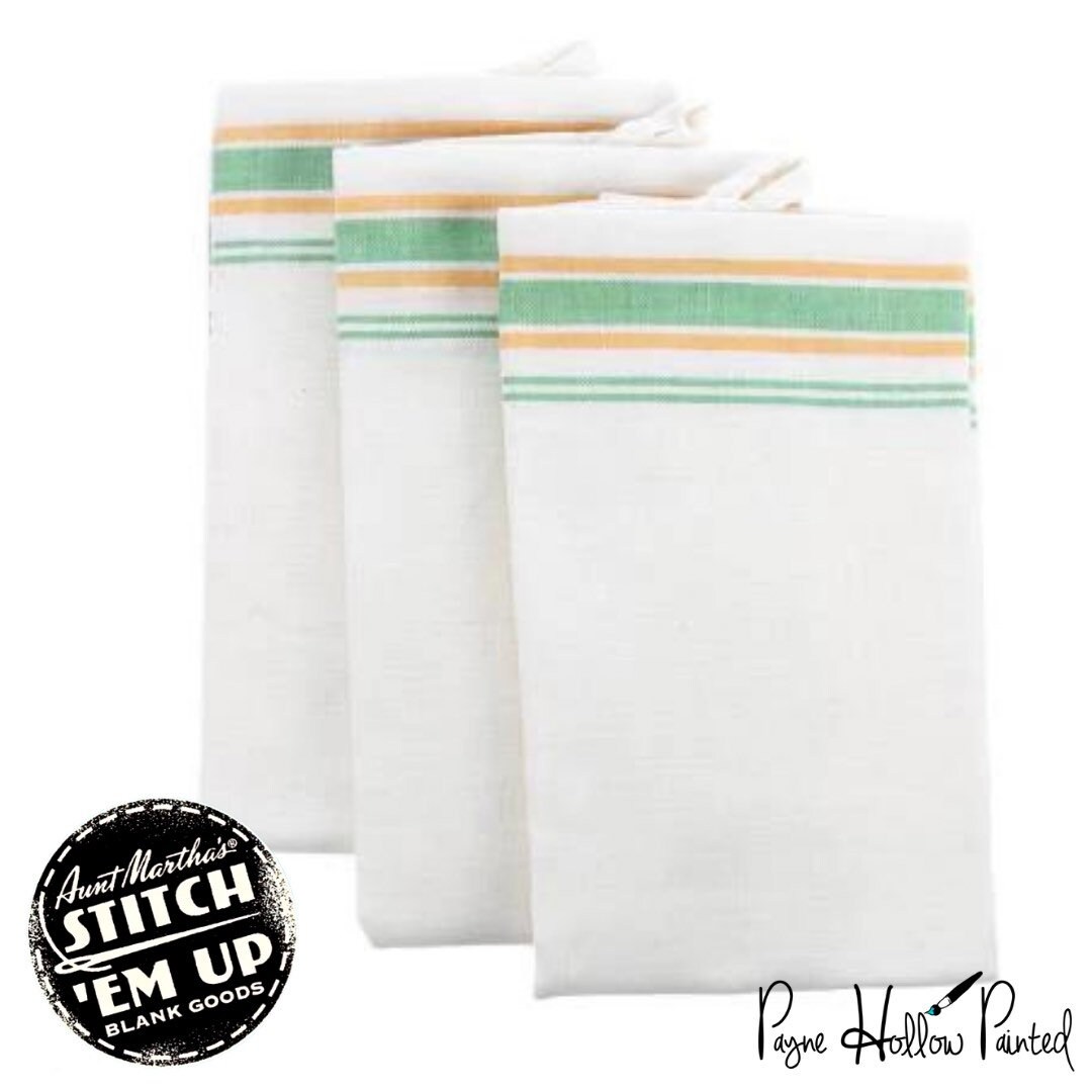 Aunt Martha's Retro Vintage Style Stripe Green & Yellow Kitchen Dish Tea Towels Set of 3