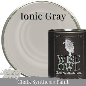 May include: A can of "Wise Owl" Chalk Synthesis Paint in "Ionic Gray" with a matching lid. The can is black with a detailed owl illustration and text. The lid is a light gray color, with the words "Ionic Gray" printed on it.