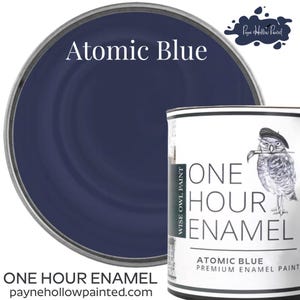 May include: A can of "Atomic Blue" premium enamel paint with a dark blue interior. The can features an illustration of an owl wearing a beret and holding a paintbrush. The text "One Hour Enamel" is displayed on the can.