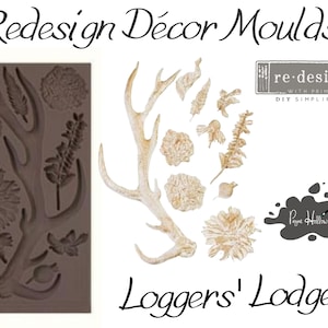 May include: A brown silicone mold with floral and antler designs, alongside a collection of beige decorative elements. The image includes the text "Redesign Décor Moulds" and "Loggers' Lodge I".
