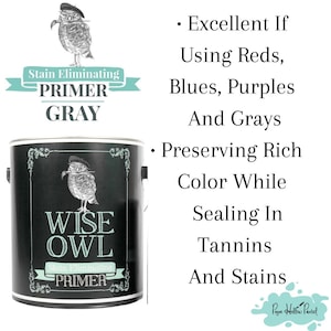 May include: A black paint can labeled "Wise Owl Stain Eliminating Primer Gray." The can features an illustration of an owl wearing a beret. Text on the can includes "Excellent If Using Reds, Blues, Purples And Grays."