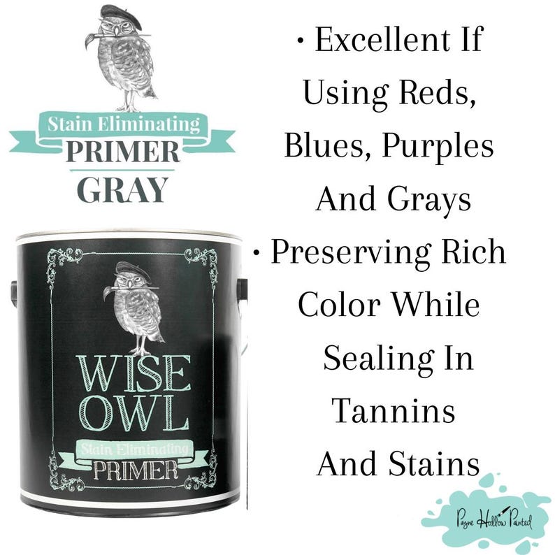 May include: A black paint can labeled "Wise Owl Stain Eliminating Primer Gray." The can features an illustration of an owl wearing a beret. Text on the can includes "Excellent If Using Reds, Blues, Purples And Grays."