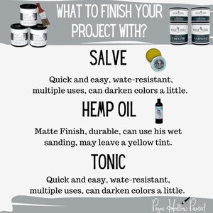 May include: An image advertising finishing products, including enamel, varnish, salve, hemp oil, and tonic. Text reads "What to finish your project with?" and describes each product's features. The image includes paint tins and a paintbrush.