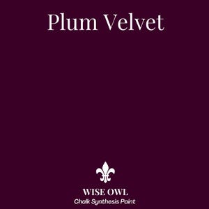 May include: A deep plum-coloured background with the text "Plum Velvet" in white at the top. The Wise Owl Chalk Synthesis Paint logo and text are at the bottom.