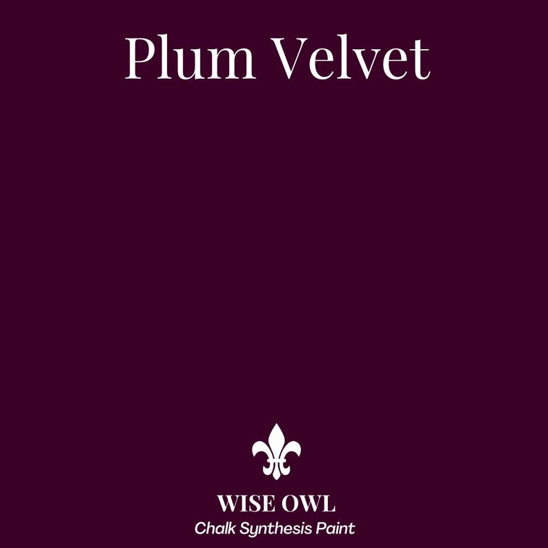May include: A deep plum-coloured background with the text "Plum Velvet" in white at the top. The Wise Owl Chalk Synthesis Paint logo and text are at the bottom.