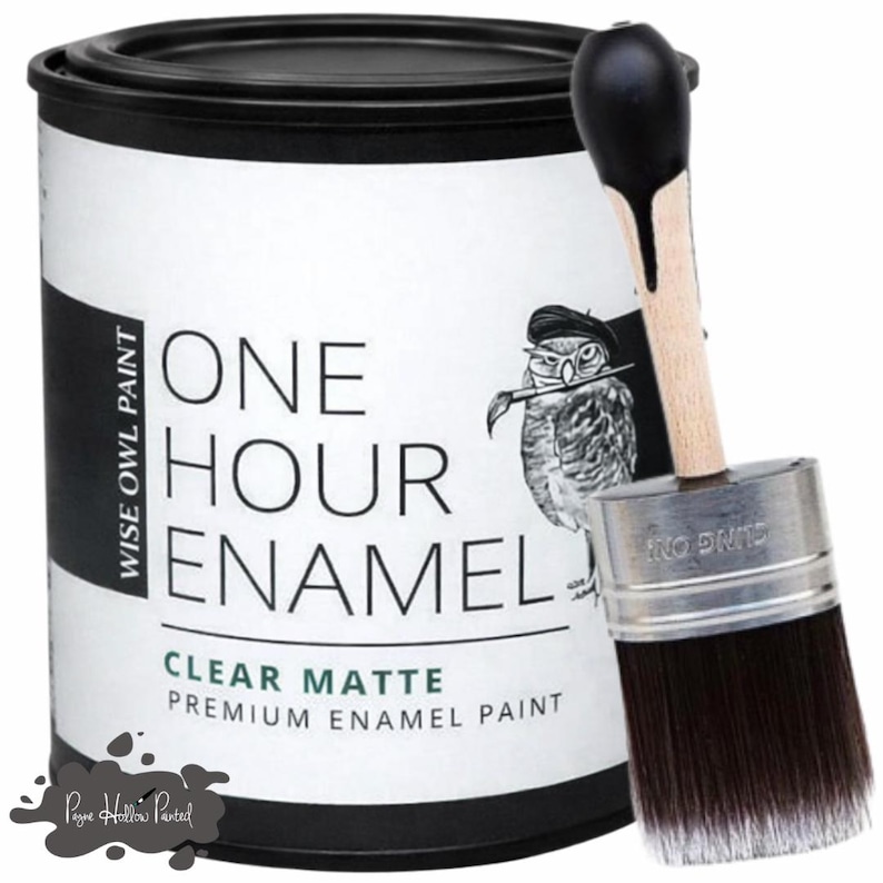 May include: A can of Wise Owl Paint's One Hour Enamel Clear Matte paint with a black lid and a paint brush. The label features an illustration of an owl wearing a beret and holding a paintbrush. The brush has a wooden handle and dark bristles.