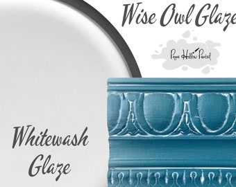 May include: Two paint samples showing the difference between Wise Owl Glaze in the color Whitewash and Wise Owl Glaze in a teal blue color. The text "Wise Owl Glaze" and "Payne Hollow Painted" are visible in the image.