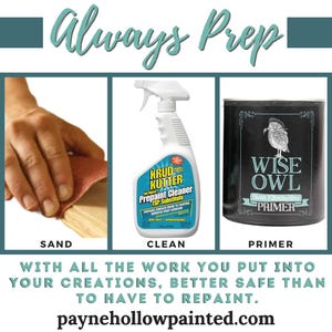 May include: Image promoting paint preparation. It shows sanding, cleaning with Krud Kutter, and priming with Wise Owl Primer. The text reads "Always Prep" and "With all the work you put into your creations, better safe than to have to repaint."