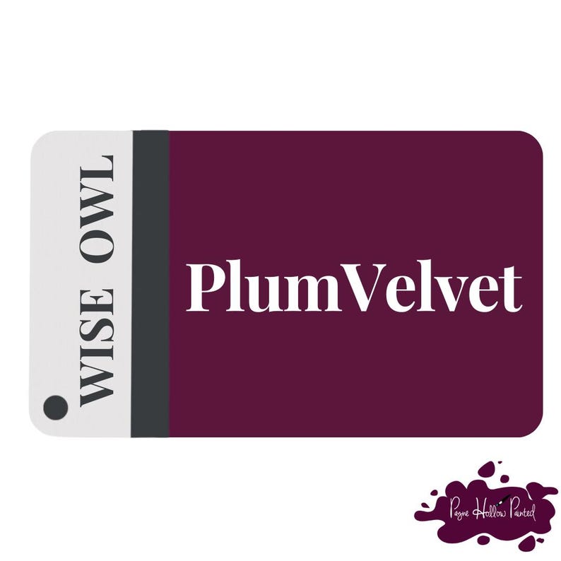May include: A rectangular paint swatch with rounded corners. The swatch is primarily plum-coloured with the text "Plum Velvet" in white. The left side has a white section with the text "Wise Owl" in black and a small black dot.