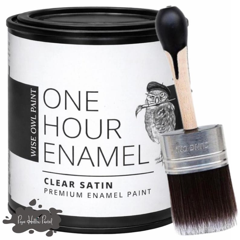 May include: A black and white can of "ONE HOUR ENAMEL" clear satin premium enamel paint with a black lid. A paint brush with a wooden handle and black bristles is next to the paint can. The can has a graphic of an owl wearing a beret.