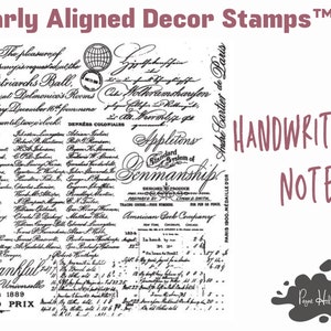 May include: A decorative stamp featuring a handwritten note design. The stamp includes various script fonts, lists, and the words "Handwritten Note." The design also includes the text "Clearly Aligned Decor Stamps" and "Paris 1889 Grand Prix."