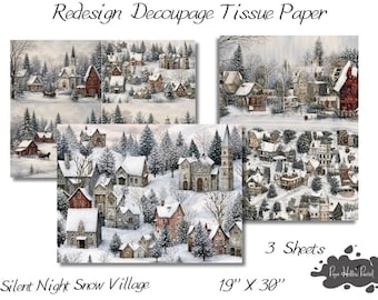 Silent Night Snow Village Redesign Deco Pack • Decoupage Tissue Paper • 19 X 30 • 3 Pack • By Redesign with Prima • Furniture Upcycling